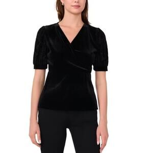 Sam & Jess Women's Velvet Faux-Wrap Flocked-Sleeve Top Black Size S
